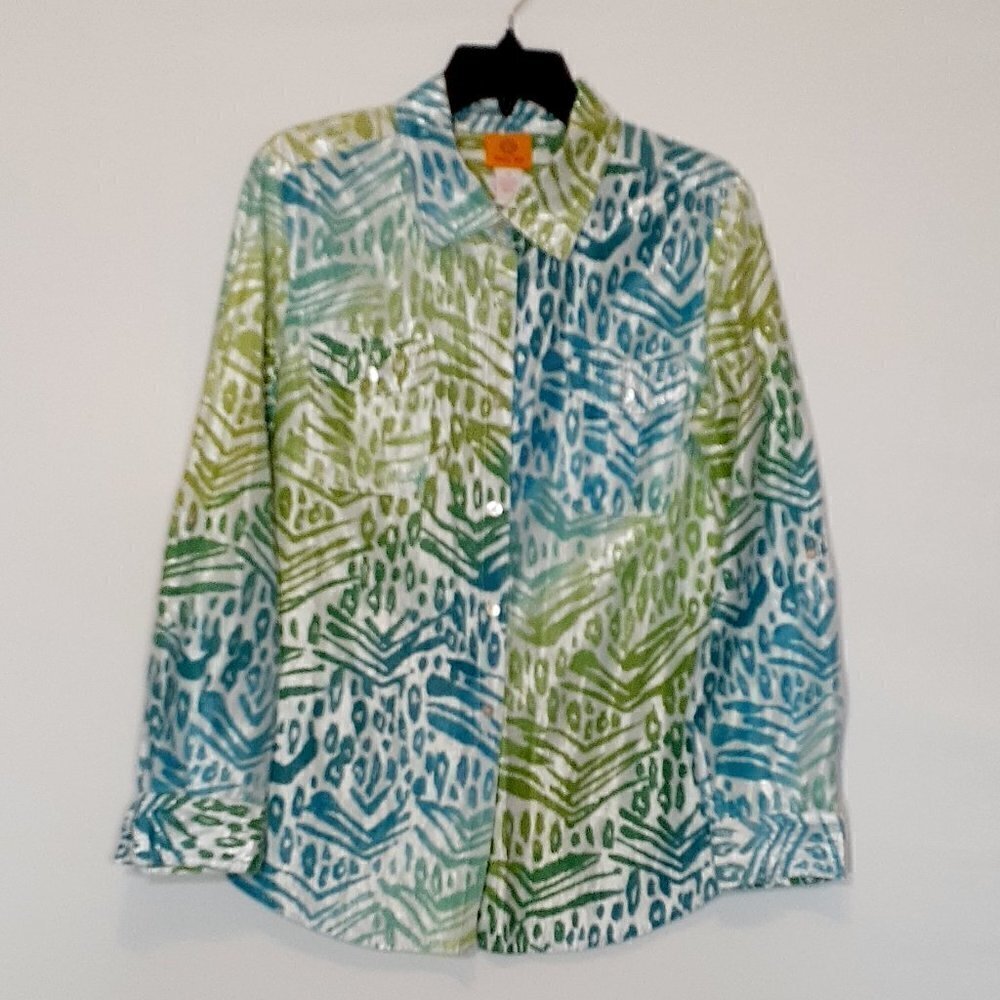 RUBY RD. Blue / Green Button Blouse; Roll Tab Long Sleeves; Shiny Fabric Size 12